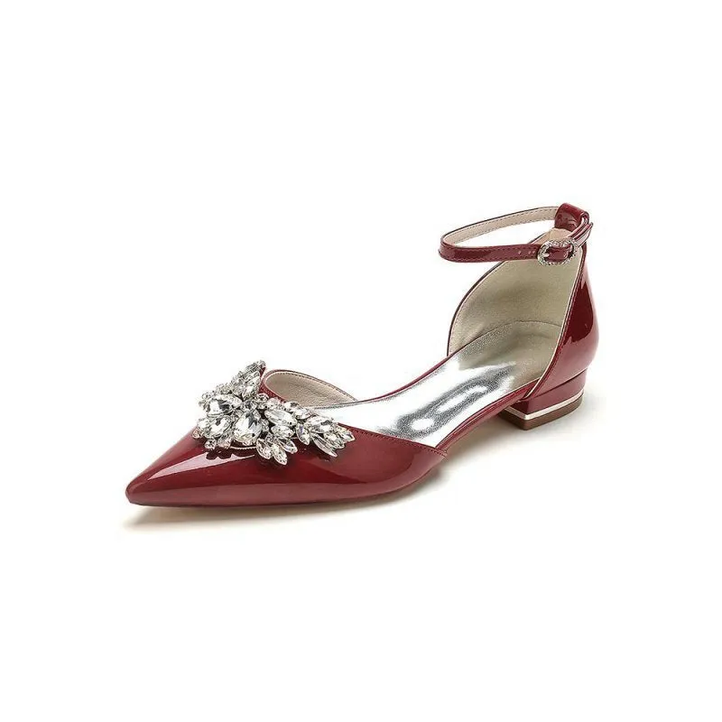 Pointed Toe Patent Leather Flats with Crystal Embellishment