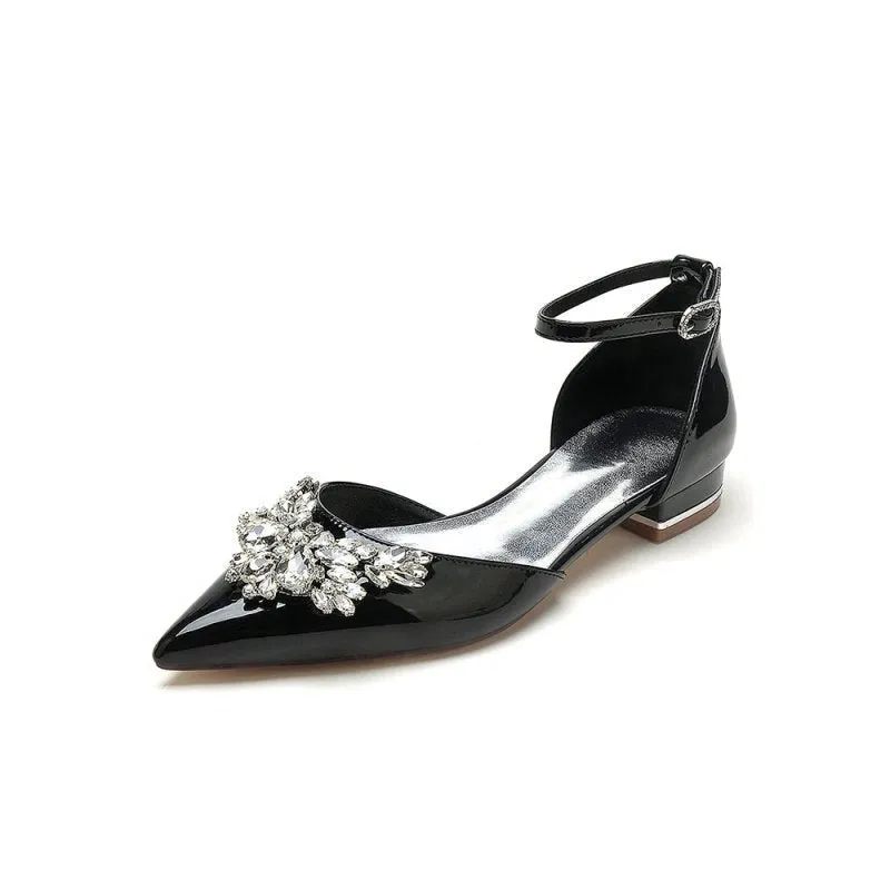 Pointed Toe Patent Leather Flats with Crystal Embellishment
