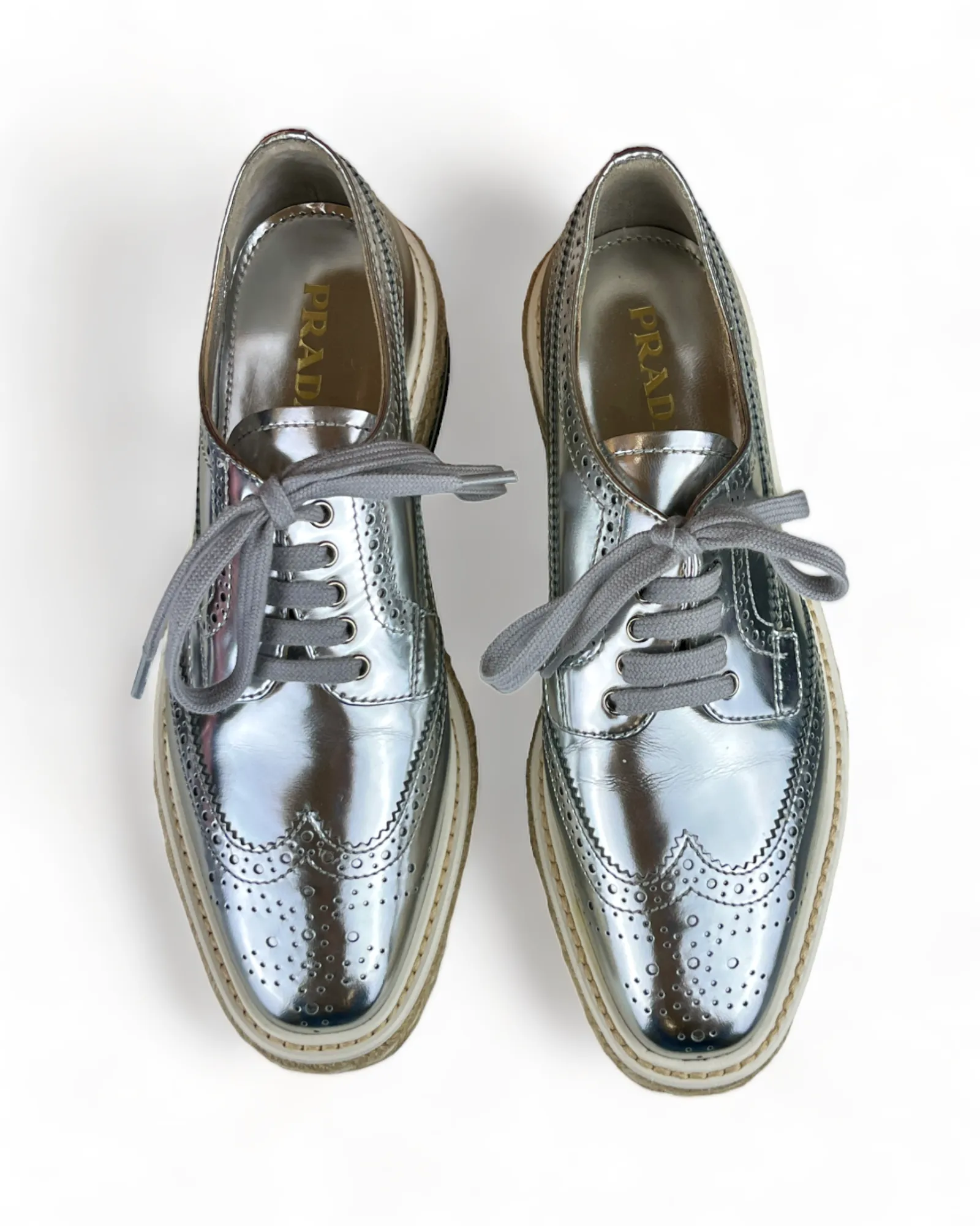 Prada Metallic Silver Brogue Leather Wave Wingtip Espadrille Platform Derby Sneakers