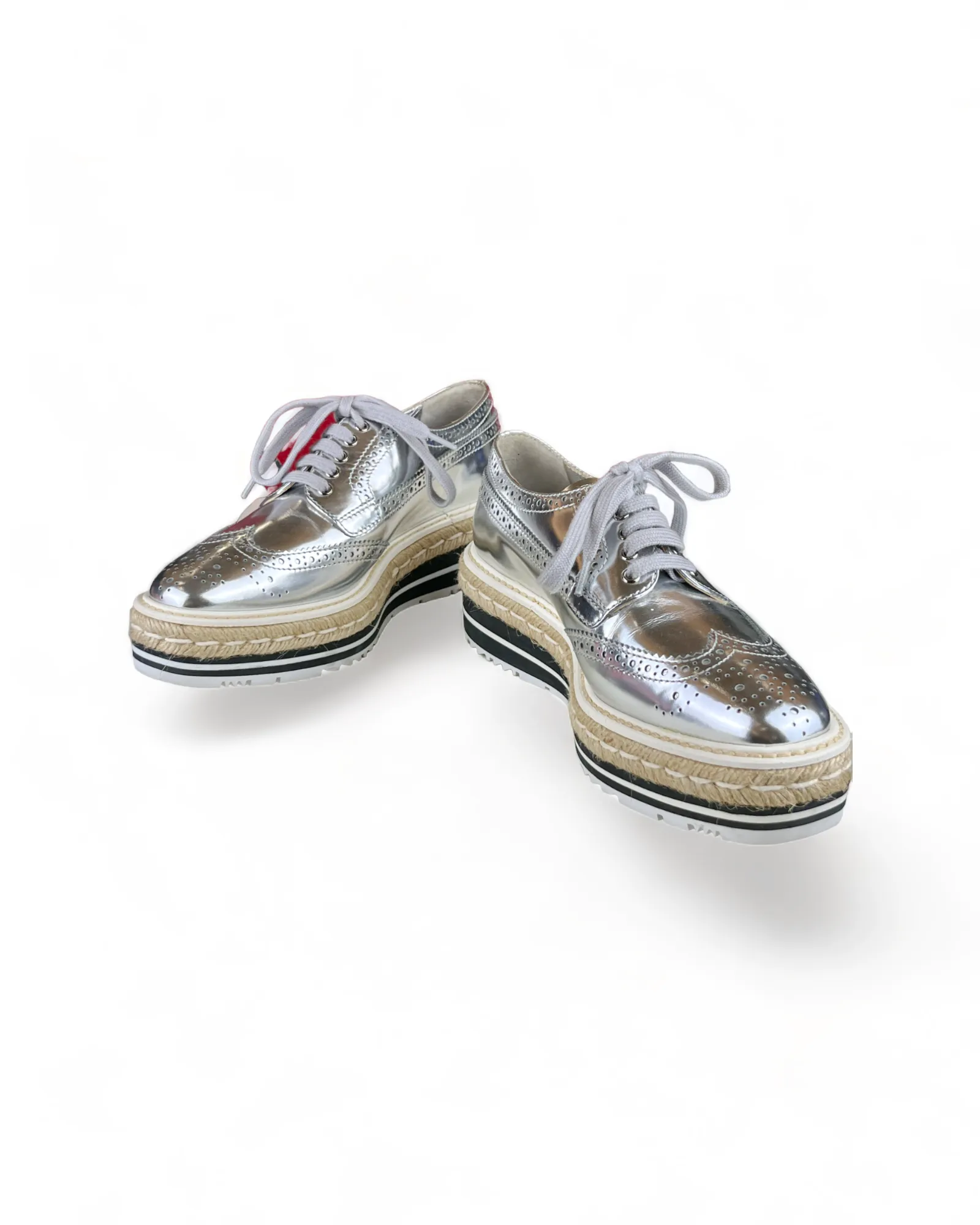 Prada Metallic Silver Brogue Leather Wave Wingtip Espadrille Platform Derby Sneakers