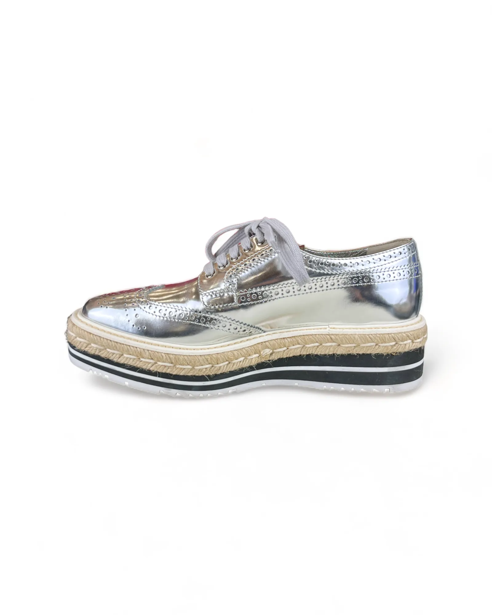 Prada Metallic Silver Brogue Leather Wave Wingtip Espadrille Platform Derby Sneakers