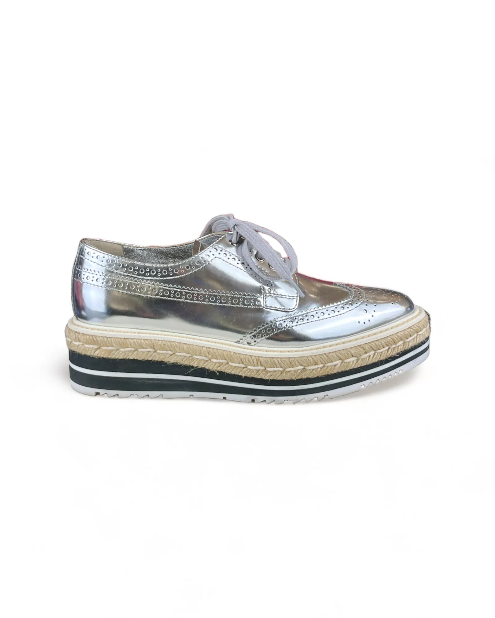 Prada Metallic Silver Brogue Leather Wave Wingtip Espadrille Platform Derby Sneakers