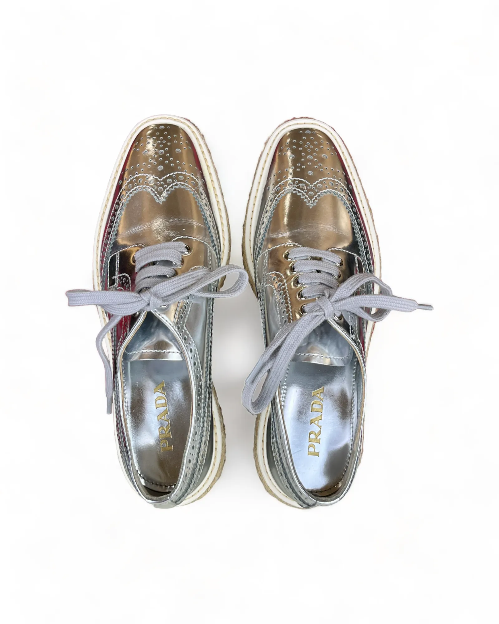 Prada Metallic Silver Brogue Leather Wave Wingtip Espadrille Platform Derby Sneakers