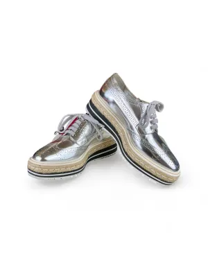 Prada Metallic Silver Brogue Leather Wave Wingtip Espadrille Platform Derby Sneakers