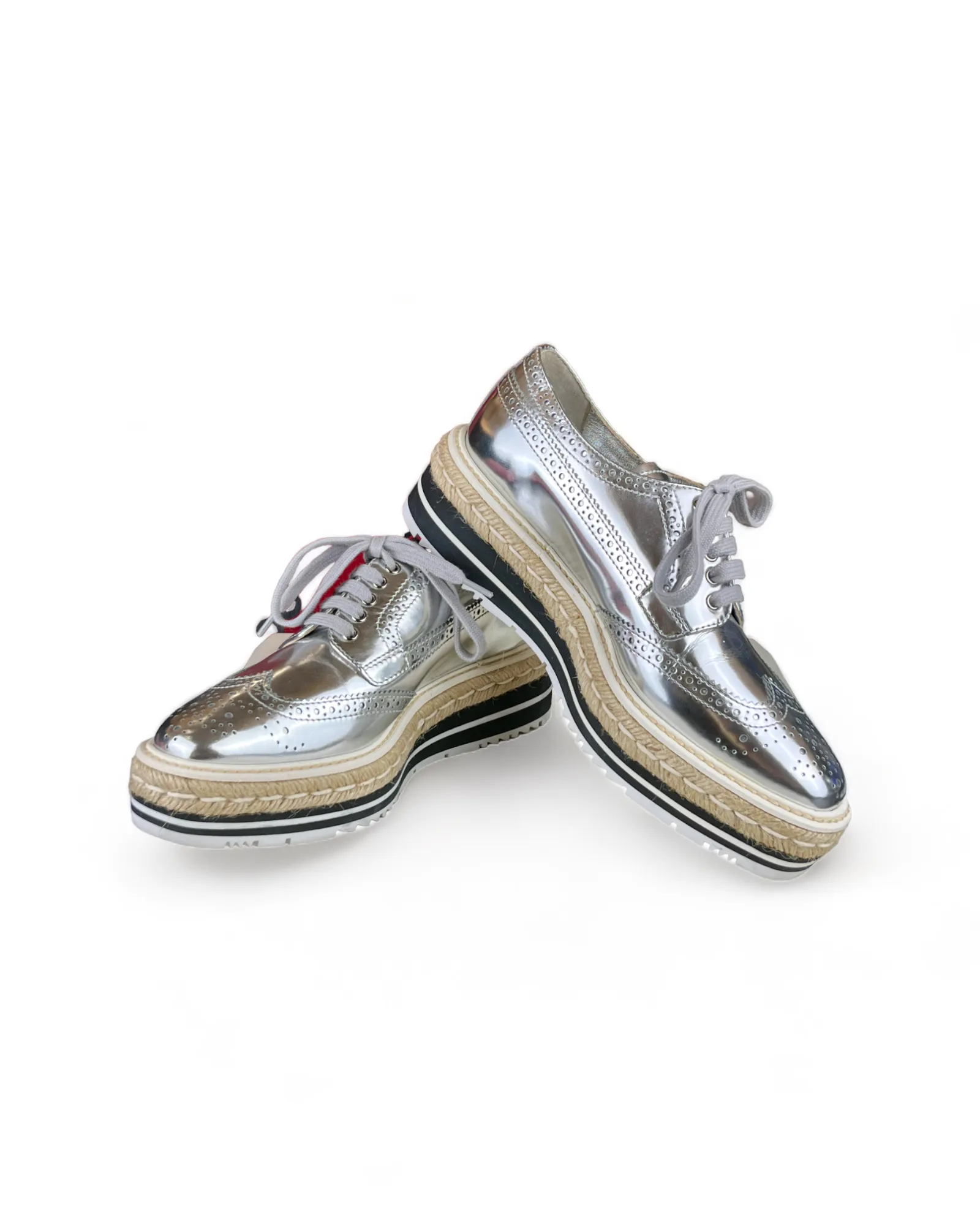 Prada Metallic Silver Brogue Leather Wave Wingtip Espadrille Platform Derby Sneakers