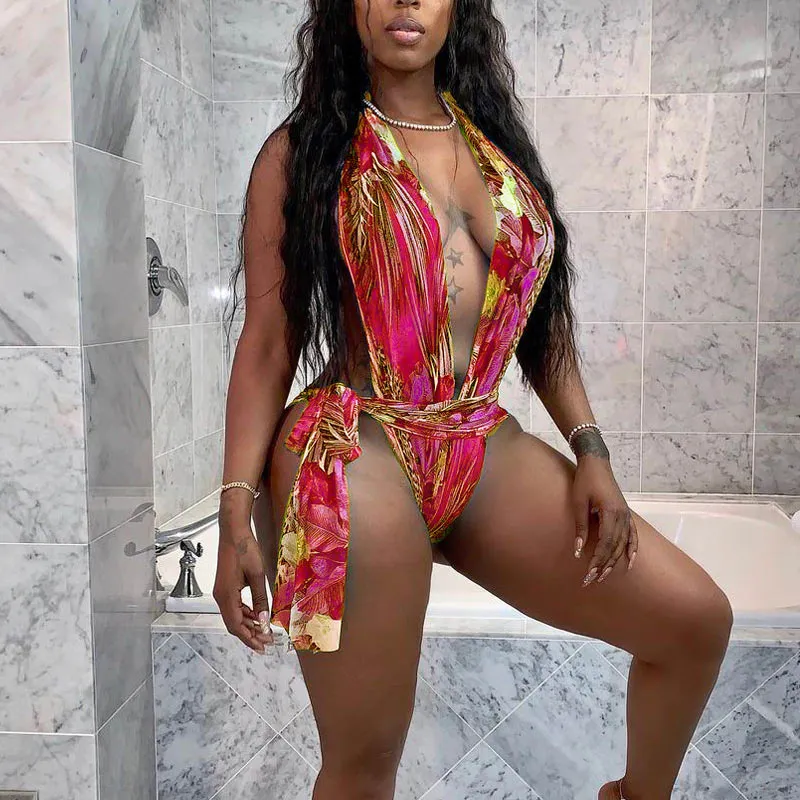 Print Deep V-Neck Sleeveless One Piece Swimsuit