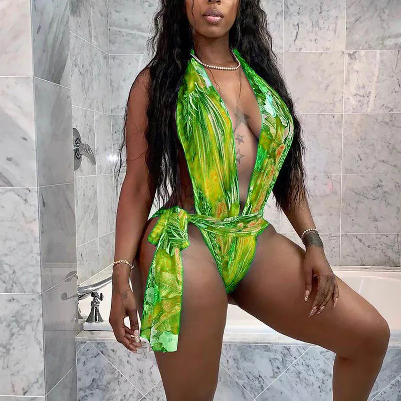 Print Deep V-Neck Sleeveless One Piece Swimsuit