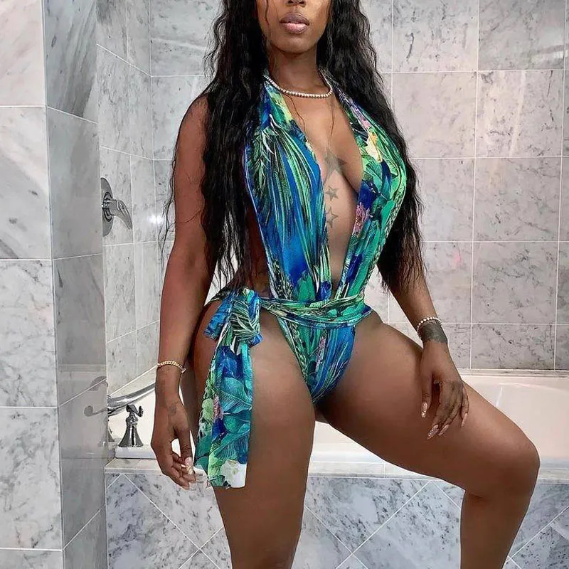 Print Deep V-Neck Sleeveless One Piece Swimsuit