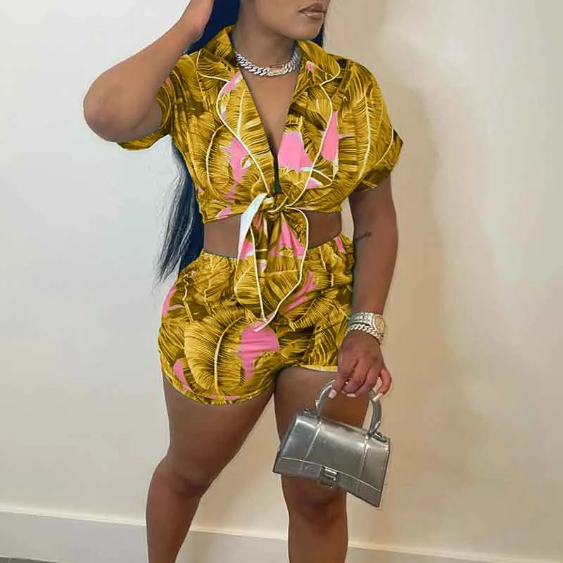 Print Short Sleeve Blouse & Shorts Set