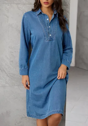 Relaxed Elegance Turndown Collar Denim Shirt Dress with Long Sleeves