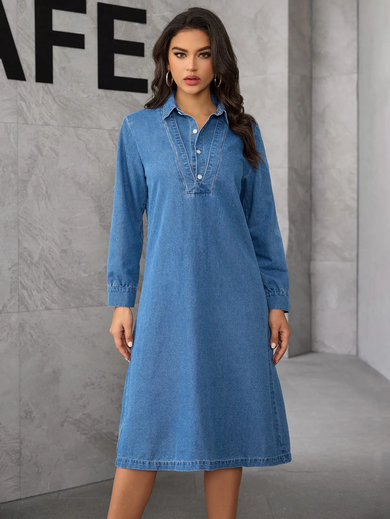 Relaxed Elegance Turndown Collar Denim Shirt Dress with Long Sleeves