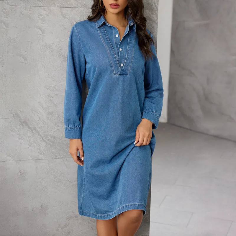Relaxed Elegance Turndown Collar Denim Shirt Dress with Long Sleeves