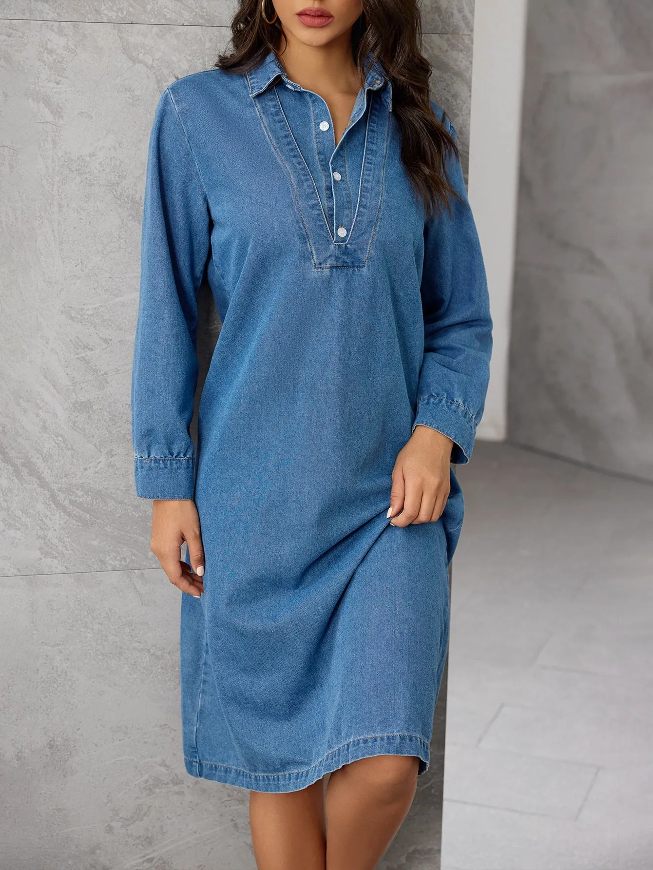 Relaxed Elegance Turndown Collar Denim Shirt Dress with Long Sleeves
