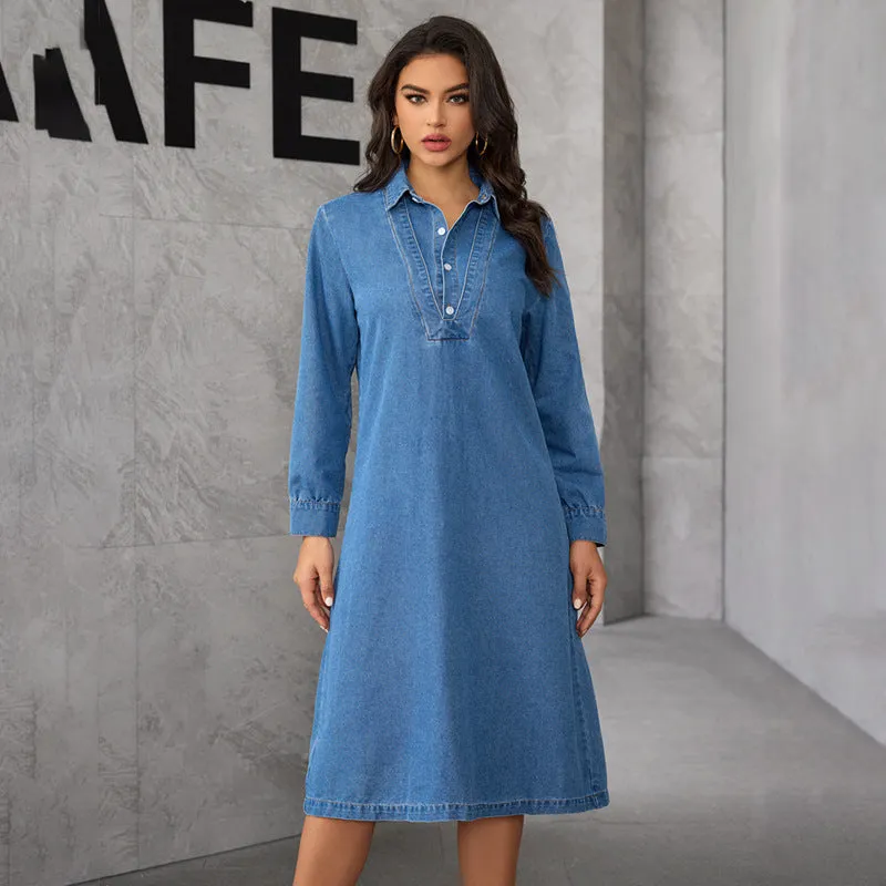 Relaxed Elegance Turndown Collar Denim Shirt Dress with Long Sleeves