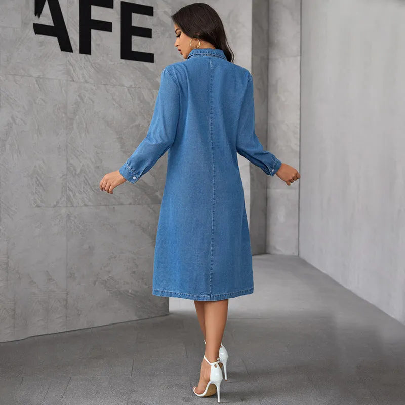 Relaxed Elegance Turndown Collar Denim Shirt Dress with Long Sleeves