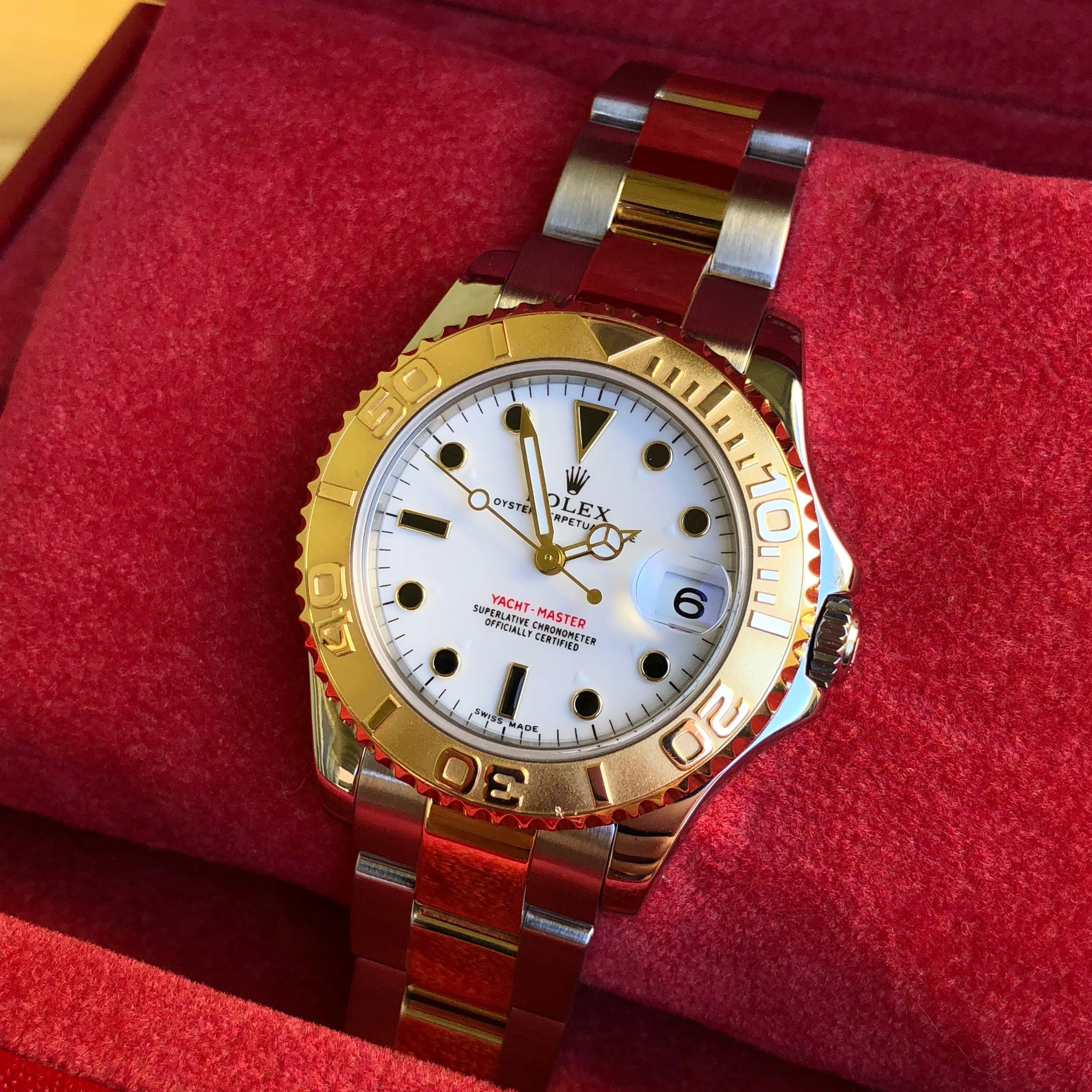 Rolex Yachtmaster 168623 Two Tone Steel Gold 35mm Mid Size White Oyster Wristwatch Box Papers