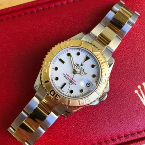 Rolex Yachtmaster 168623 Two Tone Steel Gold 35mm Mid Size White Oyster Wristwatch Box Papers