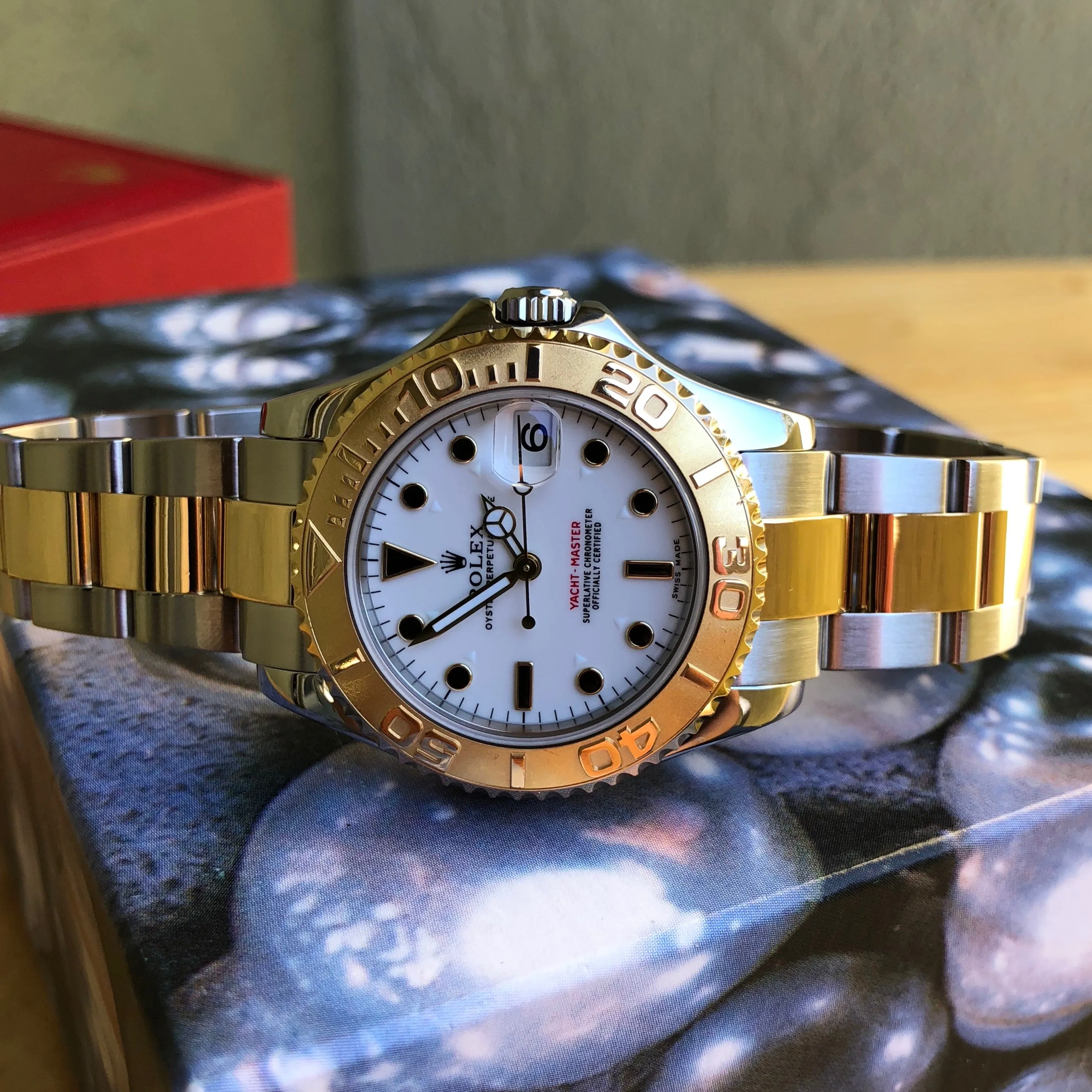 Rolex Yachtmaster 168623 Two Tone Steel Gold 35mm Mid Size White Oyster Wristwatch Box Papers