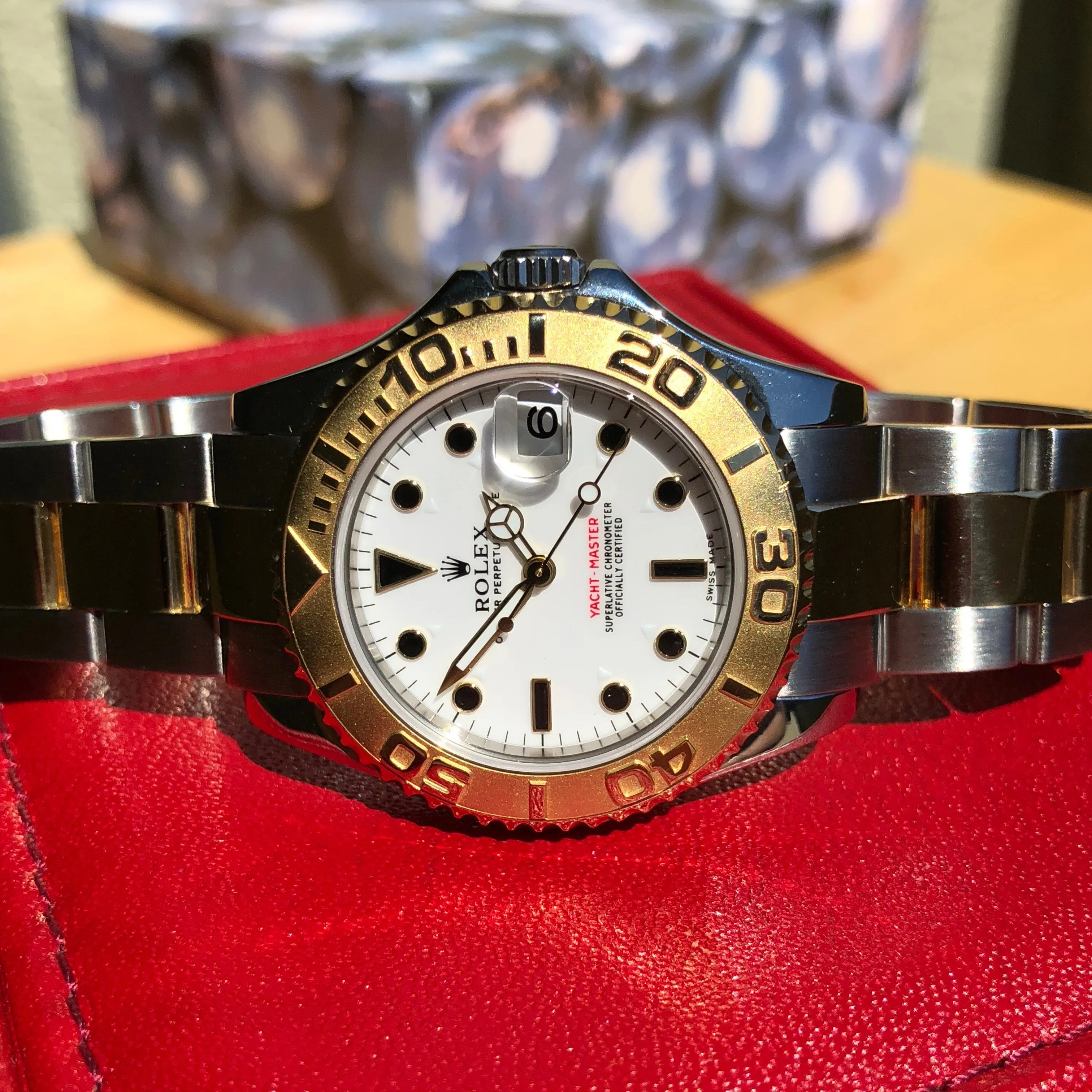 Rolex Yachtmaster 168623 Two Tone Steel Gold 35mm Mid Size White Oyster Wristwatch Box Papers
