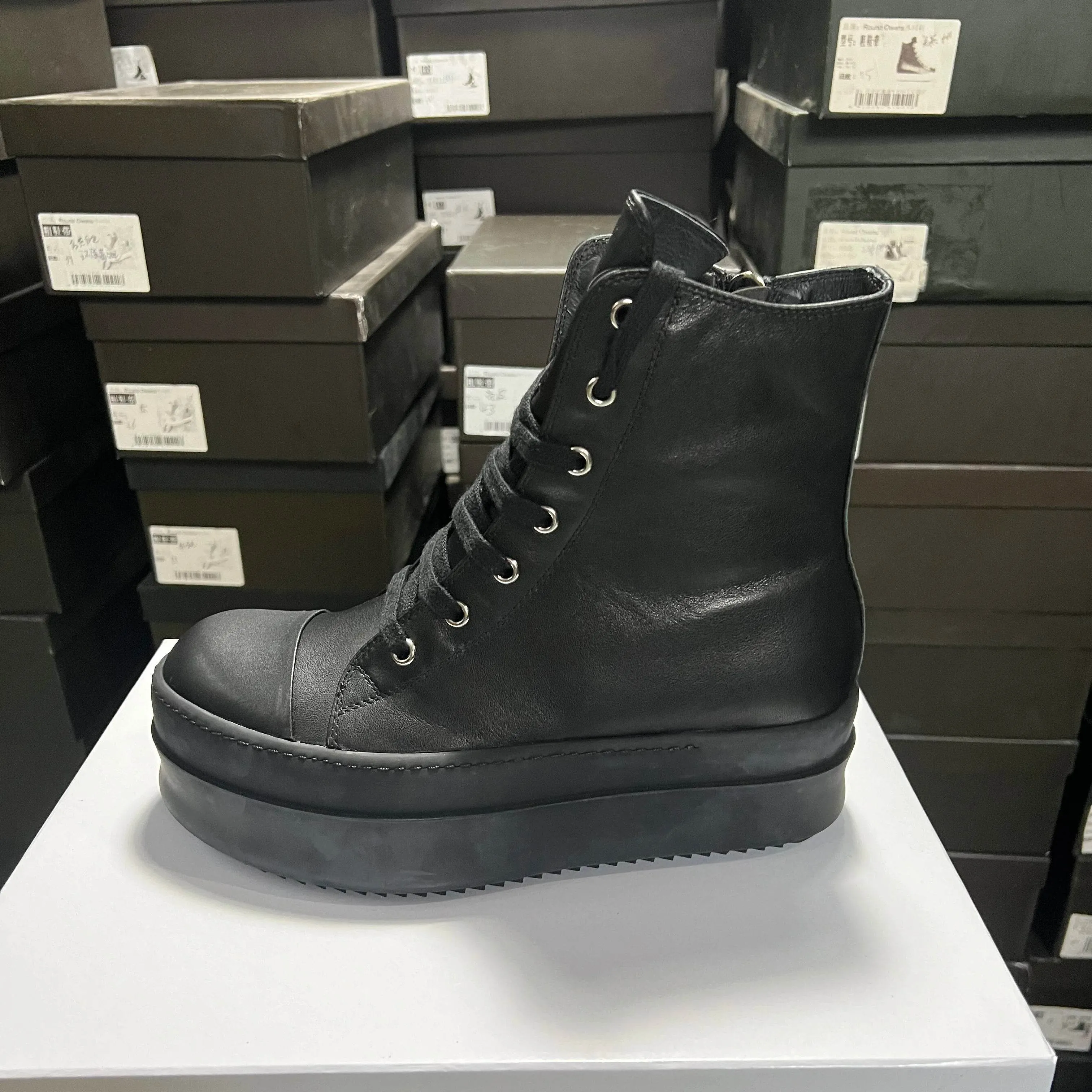 Round Designer Women Ankle Boot Platform 6cm High Original Casual Luxury Girl Dress Black Owens Leather Zip Flat Street Shoe