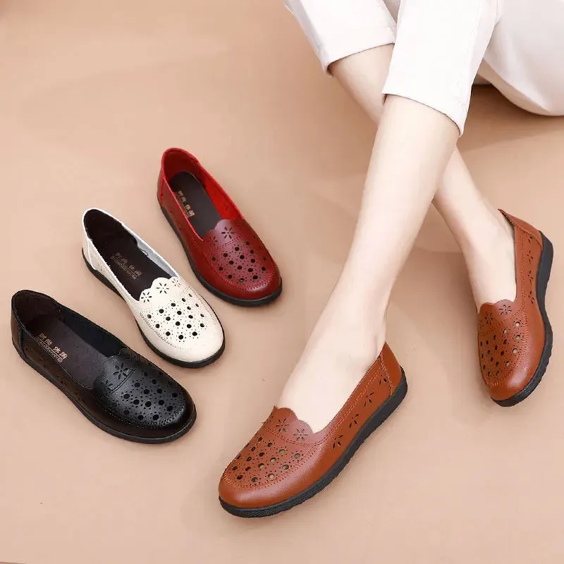 Sandals Summer Comfort  Baotou  Soft Sole Mom's Shoes Flat Sole Women's Shoes Hole Leather Shoes Middle and Old Age Shoes