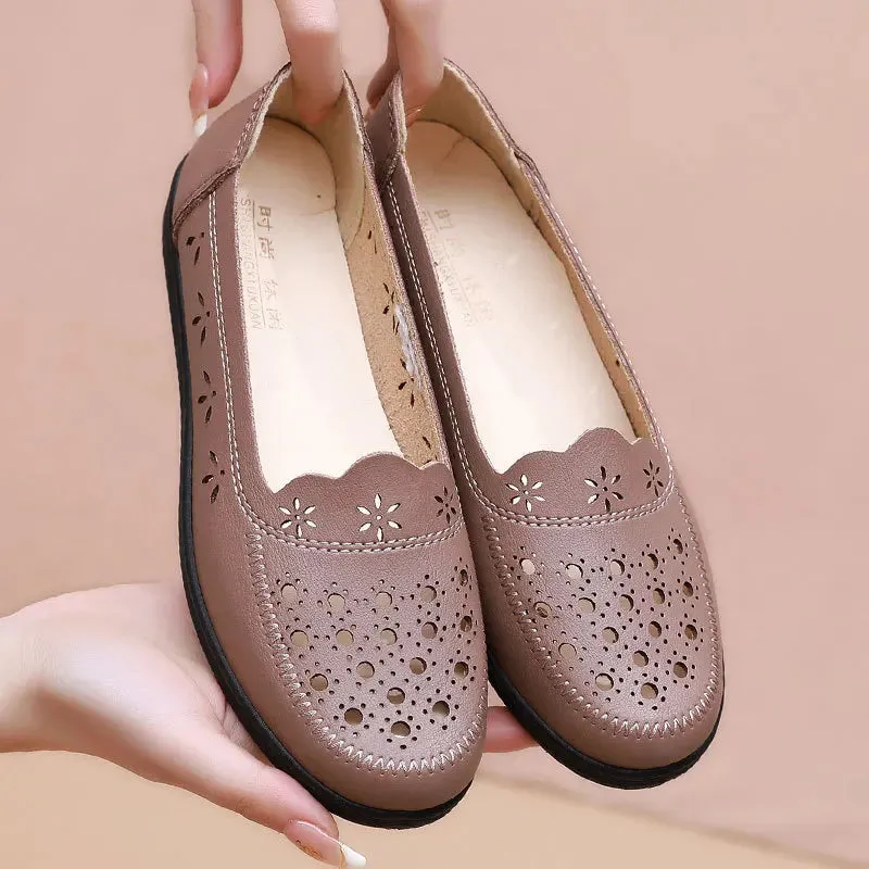 Sandals Summer Comfort  Baotou  Soft Sole Mom's Shoes Flat Sole Women's Shoes Hole Leather Shoes Middle and Old Age Shoes