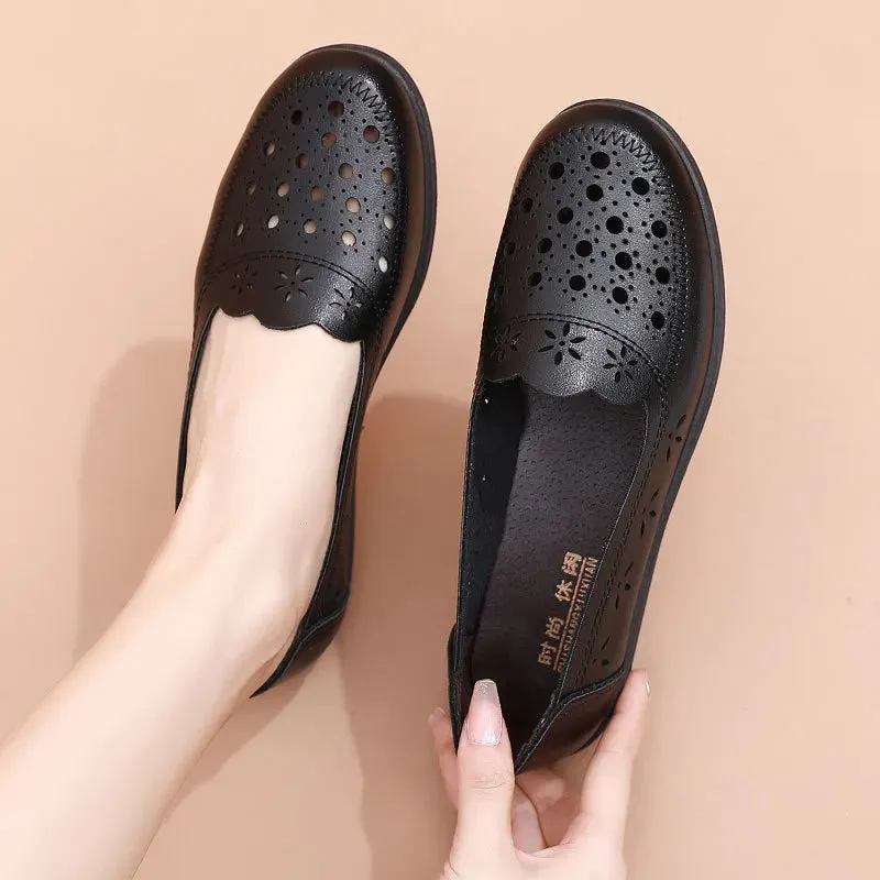 Sandals Summer Comfort  Baotou  Soft Sole Mom's Shoes Flat Sole Women's Shoes Hole Leather Shoes Middle and Old Age Shoes