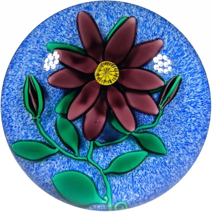 Signed Charles Kaziun III Art Glass Paperweight Lampwork Flower on Blue Jasper Ground