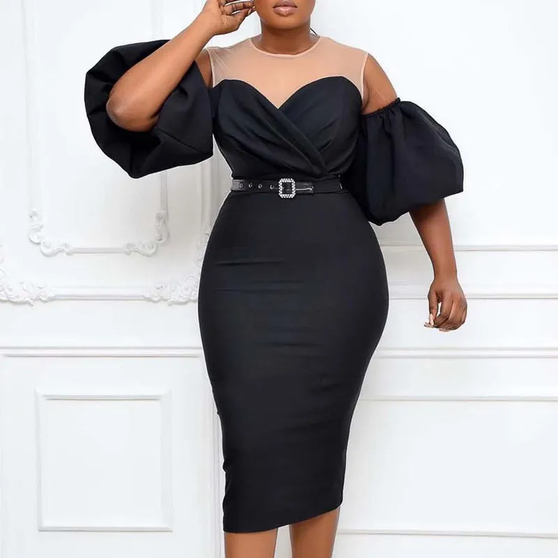 Solid Cold Shoulder Puff Sleeve Midi Dress With Belt