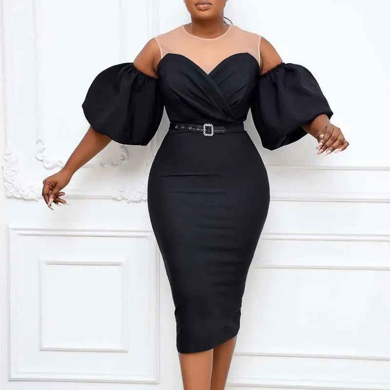 Solid Cold Shoulder Puff Sleeve Midi Dress With Belt