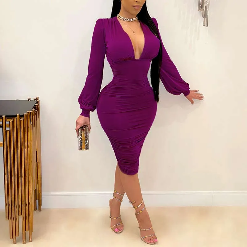 Solid Deep V-Neck Long Sleeve Bodycon Dress