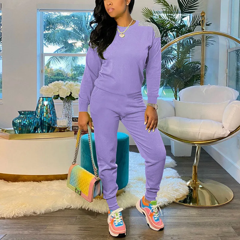 Solid Rhinestone Long Sleeve Top & Pants Set