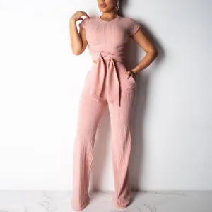 Solid Short Sleeve Tied Two Piece Set