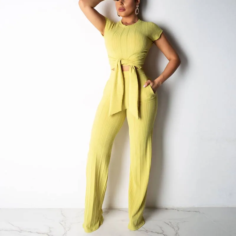 Solid Short Sleeve Tied Two Piece Set