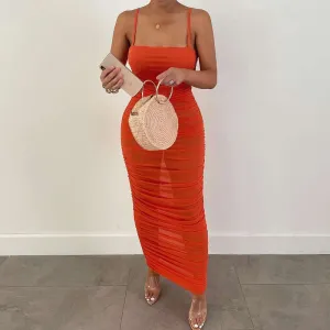 Solid Sleeveless Spaghetti Strap Sheer Mesh Ruched Maxi Dress