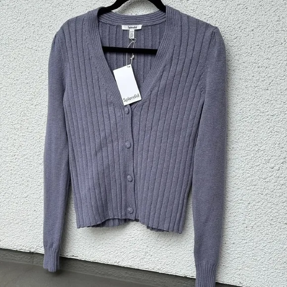Splendid Cardigan Sweater Ribbed Knit Button Front Long Sleeve Lilac S NWT