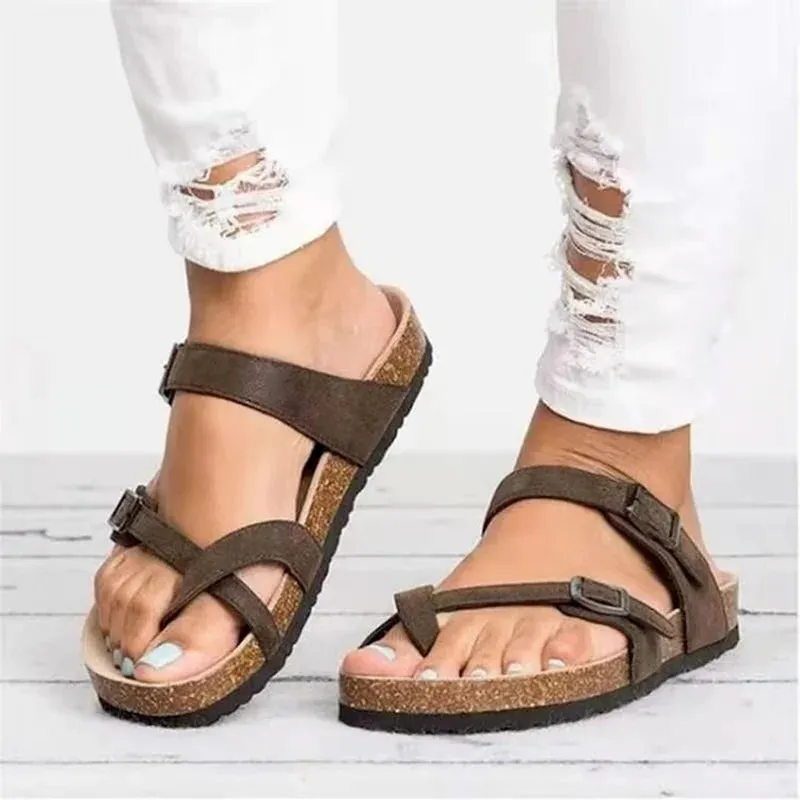 Summer Chic: Roman Buckle Flats for Women - Stylish Cork Sandals Black, Brown, and Beige!