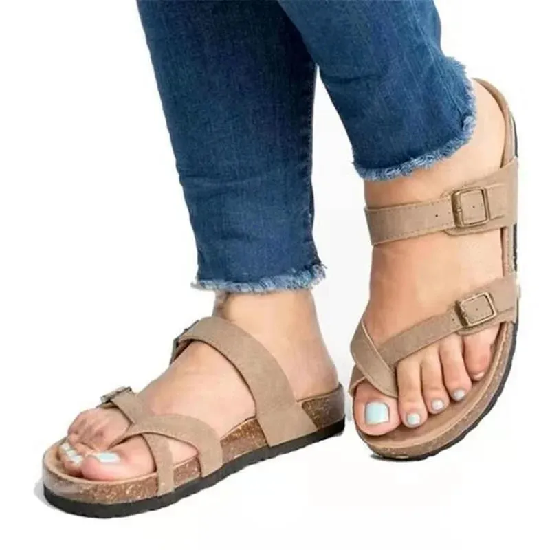 Summer Chic: Roman Buckle Flats for Women - Stylish Cork Sandals Black, Brown, and Beige!