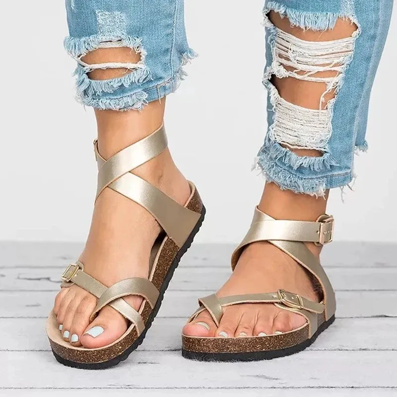 Summer Chic: Roman Buckle Flats for Women - Stylish Cork Sandals Black, Brown, and Beige!