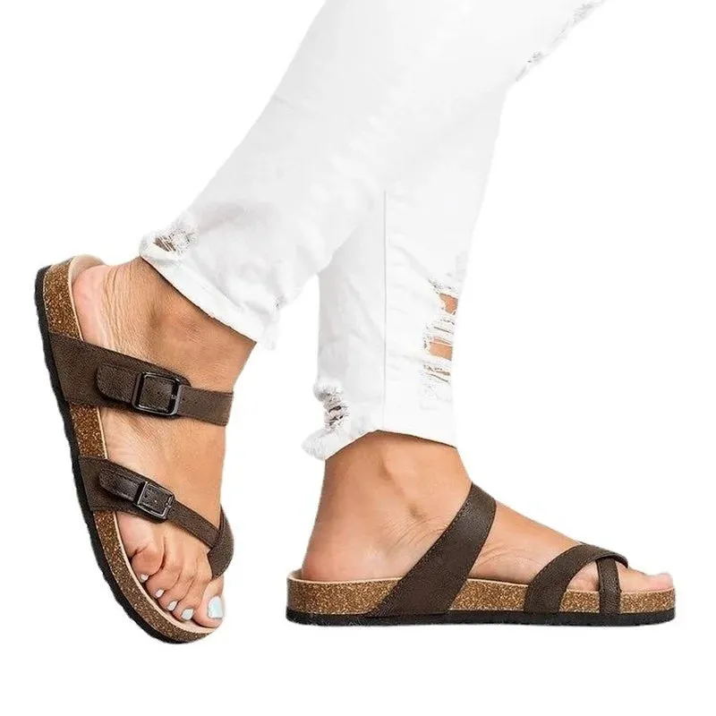 Summer Chic: Roman Buckle Flats for Women - Stylish Cork Sandals Black, Brown, and Beige!