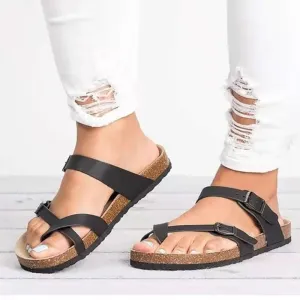 Summer Chic: Roman Buckle Flats for Women - Stylish Cork Sandals Black, Brown, and Beige!