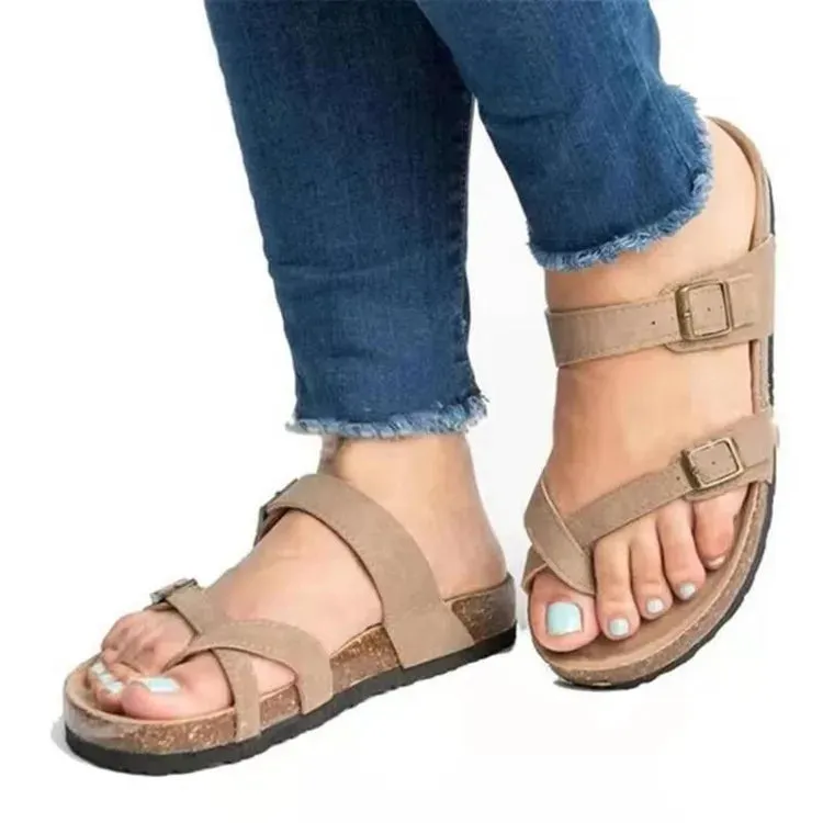 Summer Chic: Roman Buckle Flats for Women - Stylish Cork Sandals Black, Brown, and Beige!