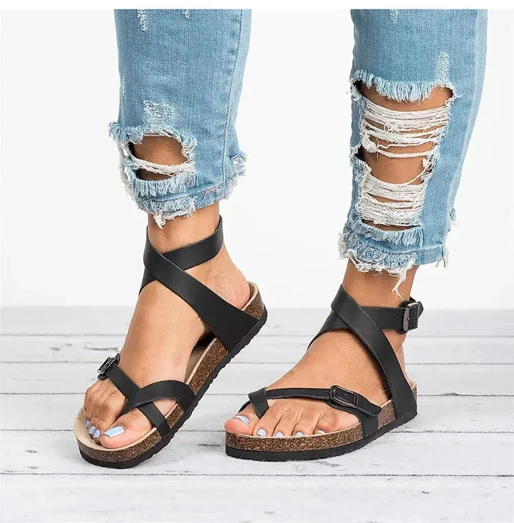 Summer Chic: Roman Buckle Flats for Women - Stylish Cork Sandals Black, Brown, and Beige!