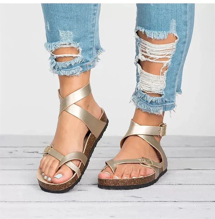 Summer Chic: Roman Buckle Flats for Women - Stylish Cork Sandals Black, Brown, and Beige!