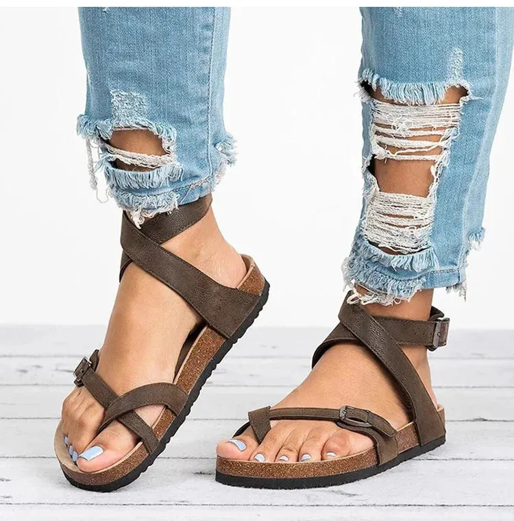 Summer Chic: Roman Buckle Flats for Women - Stylish Cork Sandals Black, Brown, and Beige!