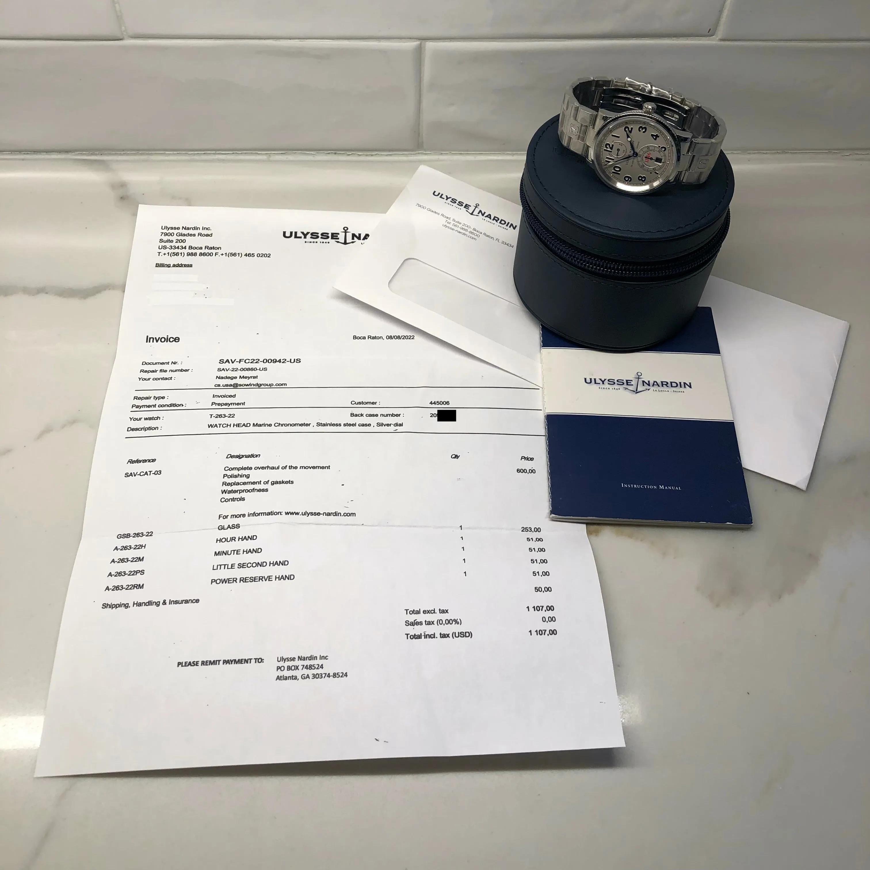 Ulysse Nardin Marine Chronometer 1846 T-263-22 Silver Dial Automatic 38mm Wristwatch with Service Papers