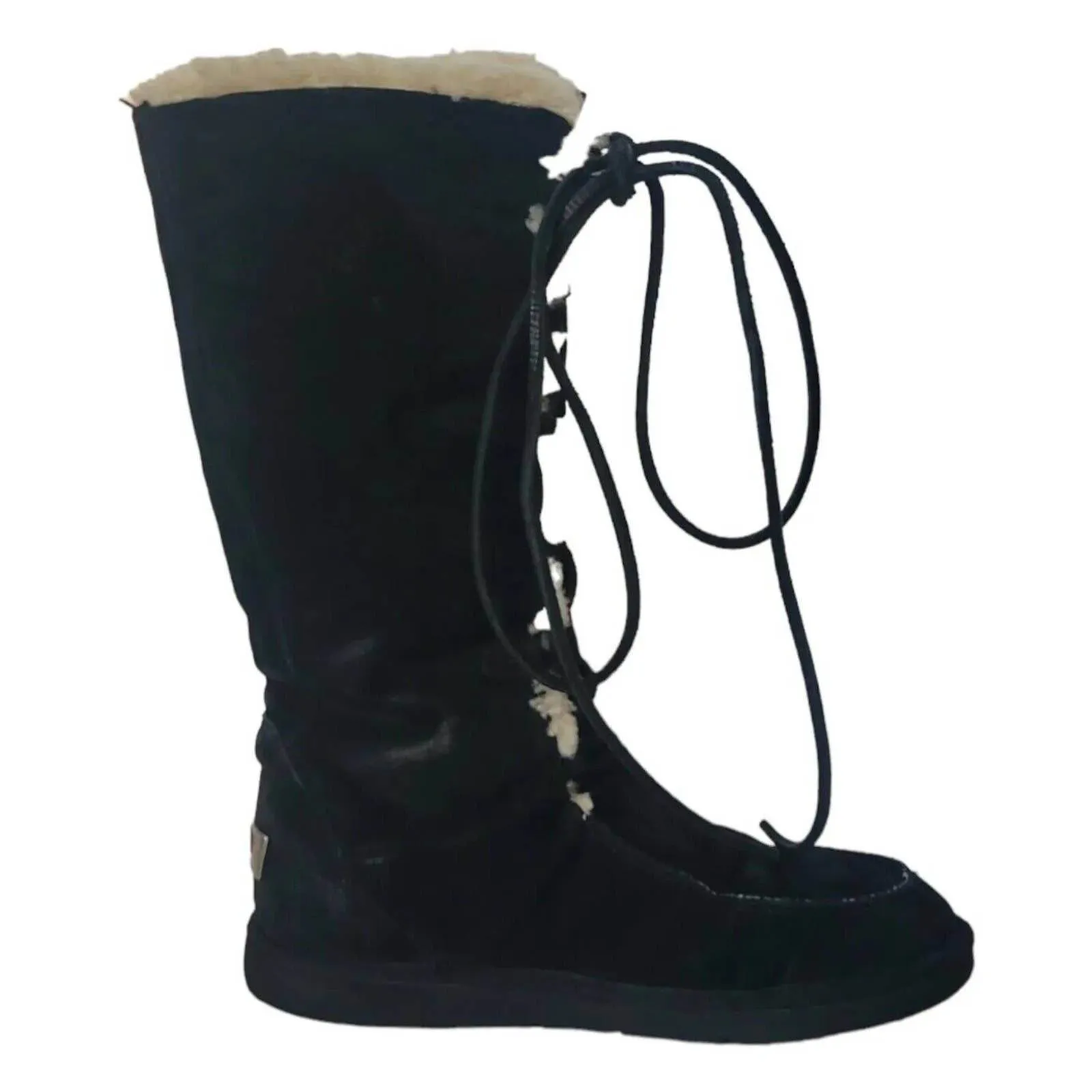 (Used) Ugg Boots Black Suede Lace Up Shearling Tall Women Boots Size US 8 / EU 39