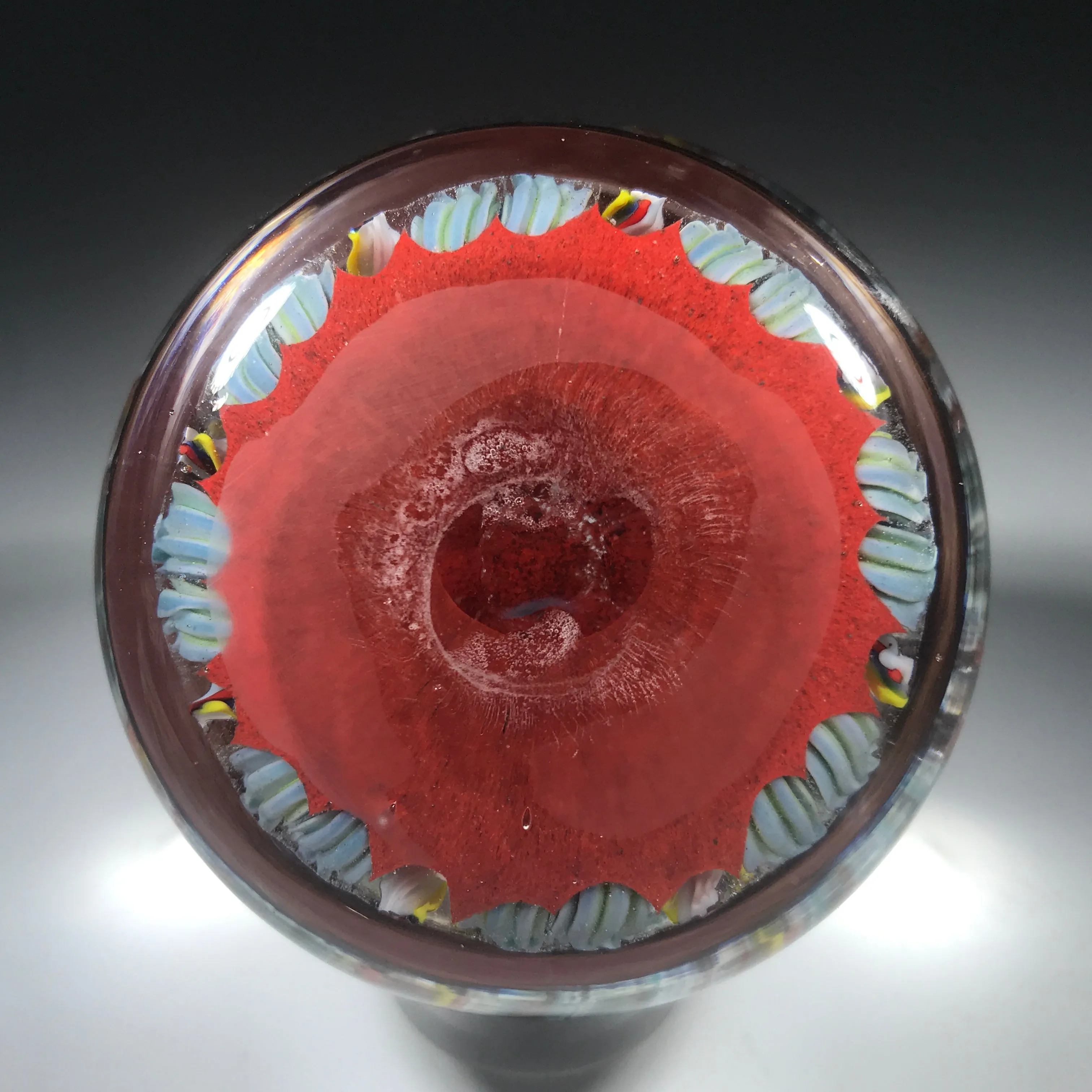 Vasart Art Glass Paperweight Lampwork Radial Millefiori & Ribbon Twists on Opaque Red Ground