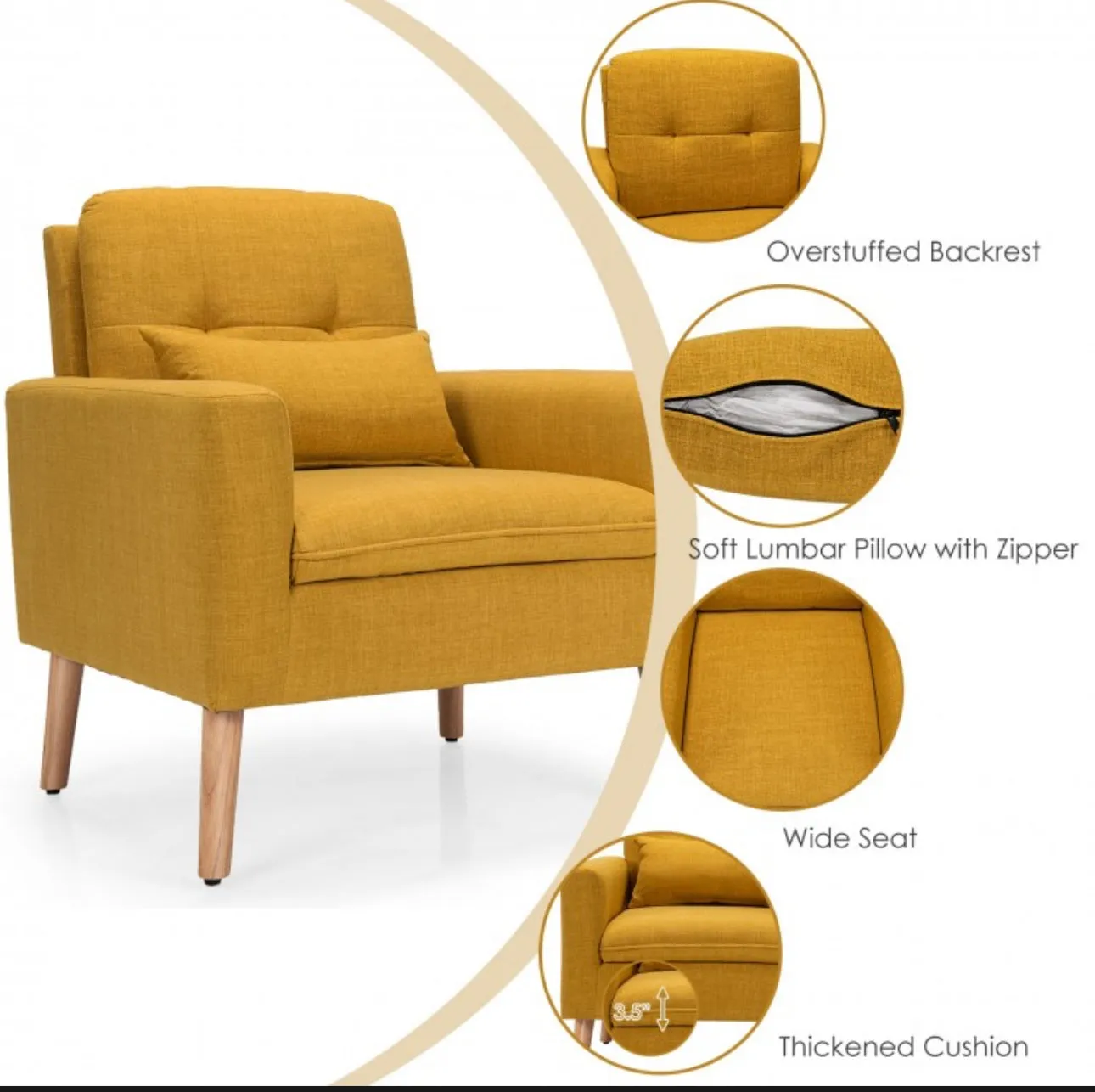 Very Elegant Modern Linen Fabric Single Sofa Couch Armchair With Waist Pillow For Living Room, Office, Cottage | Accent Chair | Heavy Duty