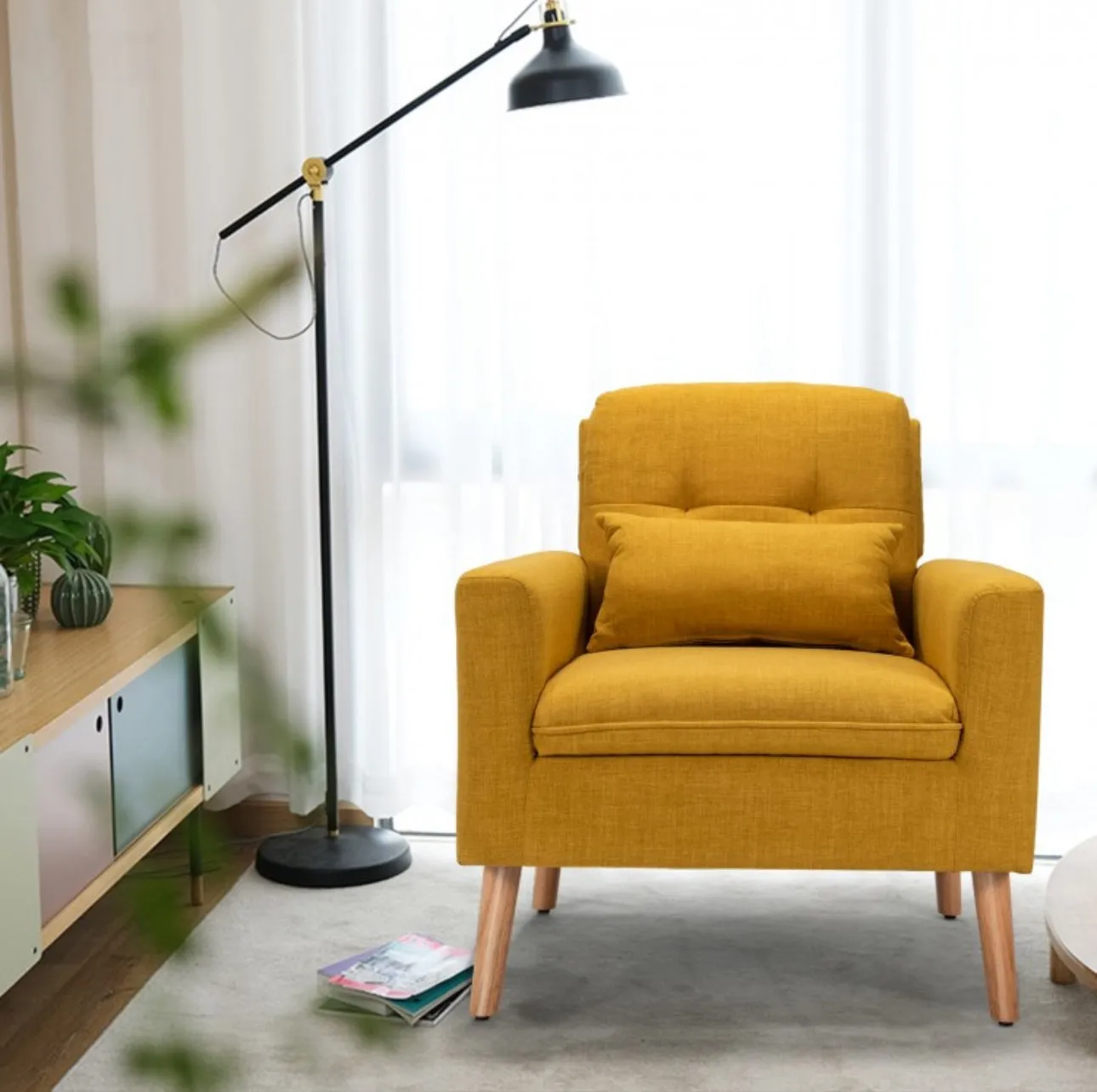 Very Elegant Modern Linen Fabric Single Sofa Couch Armchair With Waist Pillow For Living Room, Office, Cottage | Accent Chair | Heavy Duty